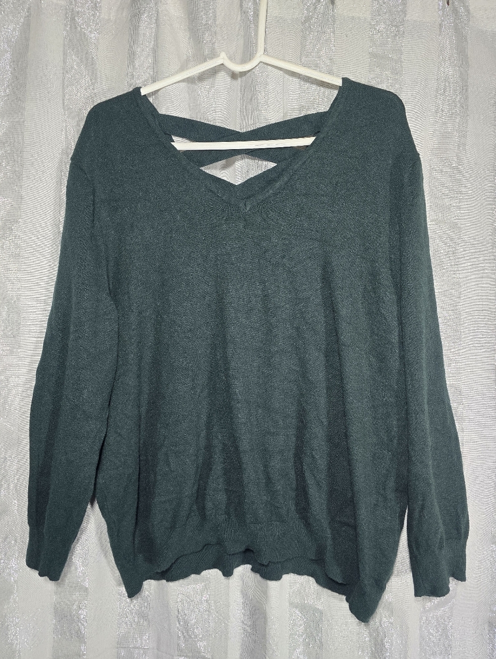 Women's Dark Green V-Neck Sweater with Back Strap Detail